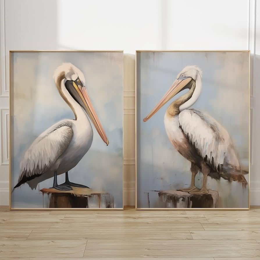 Canvas Wall Art Mirrored Pelican Pair Vintage Coastal Bird
