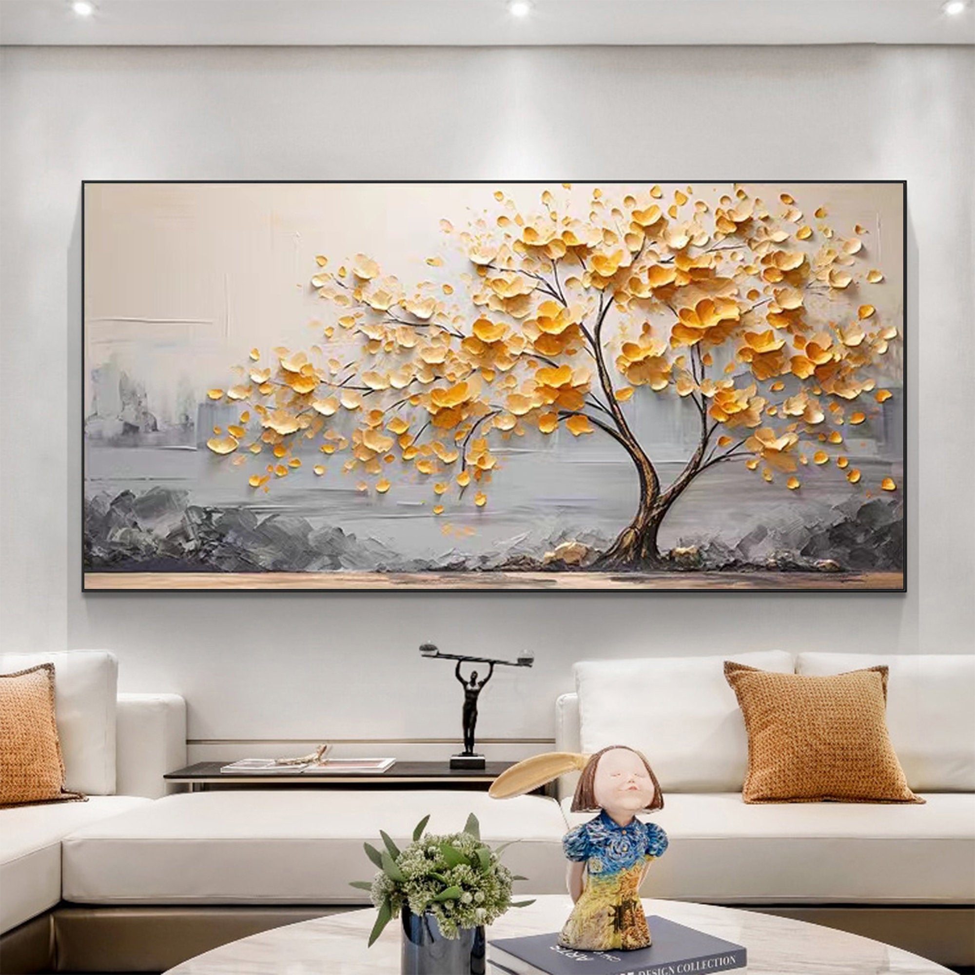 Canvas Wall Art Textured Impasto Petals 3D Textured Gold Tree Art