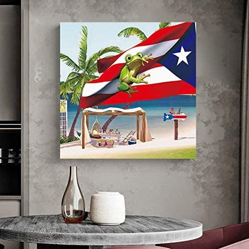 Canvas Wall Art with Coqui Frog Illustration Beach Scene