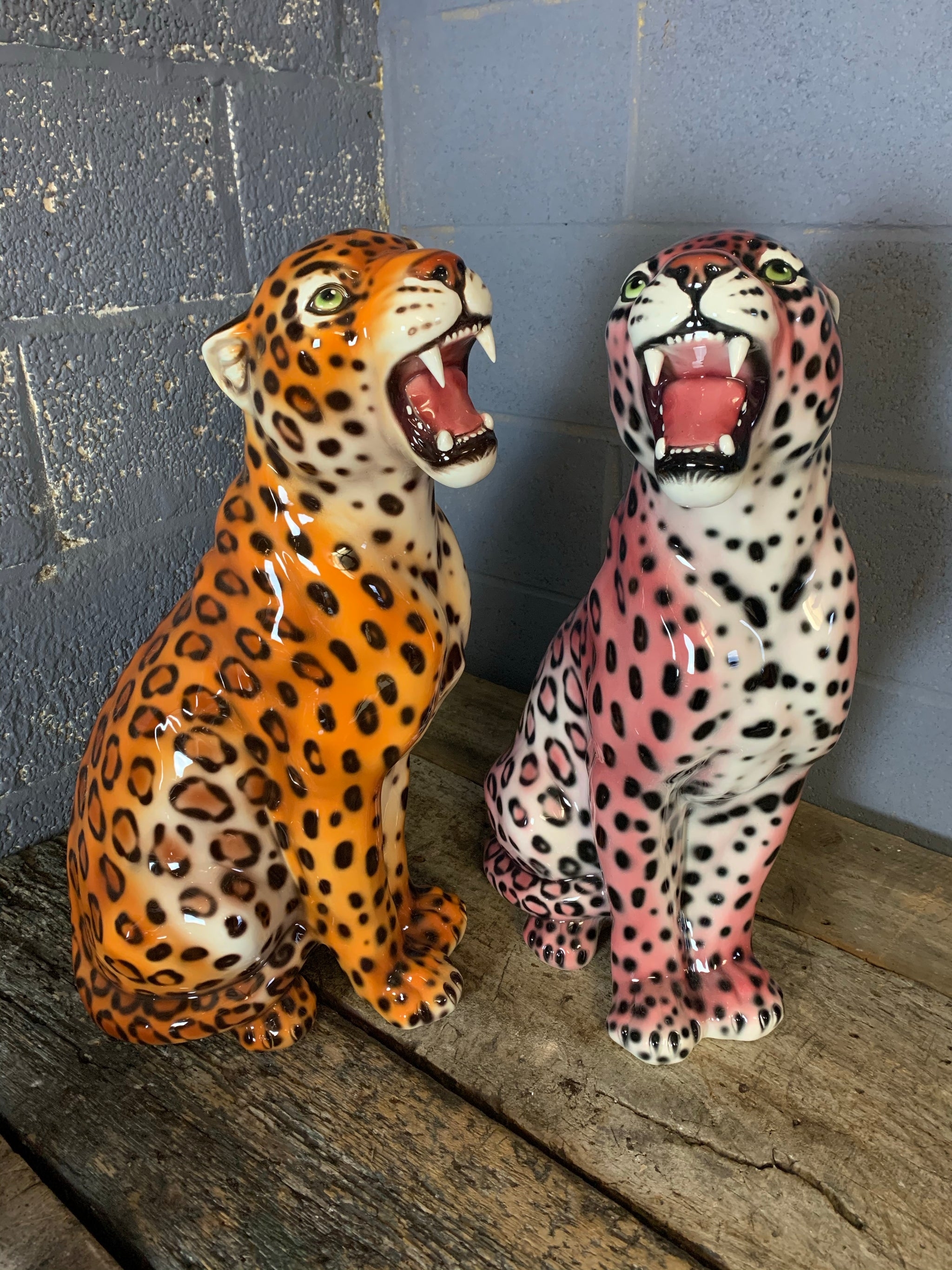 Ceramic Statue: Pink Leopard Italian Roaring Cat Statue Decor