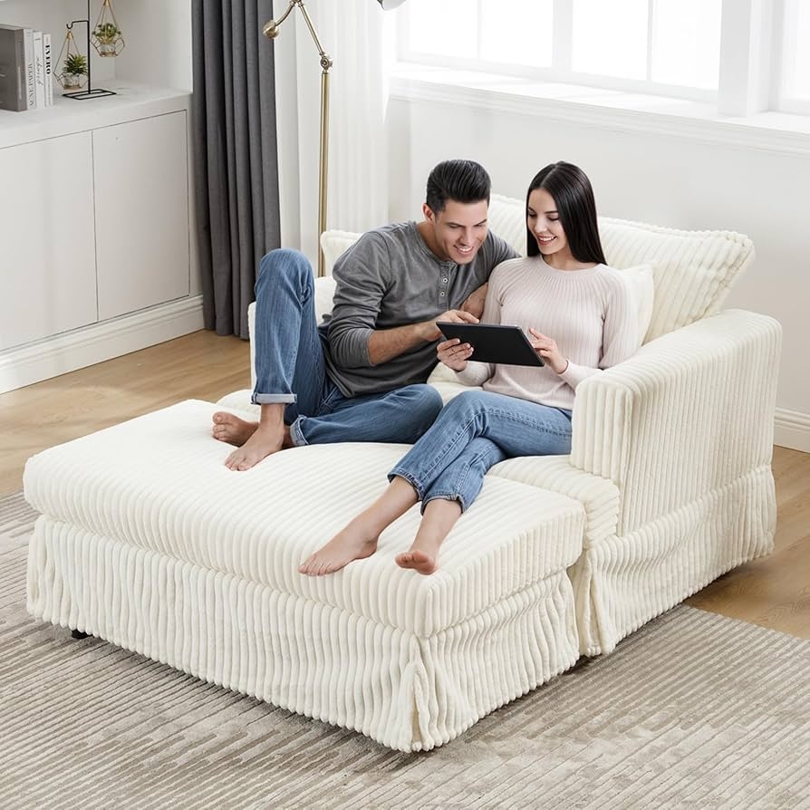 Chaise Lounge: Cream Ribbed Upholstery Modular with Ottoman