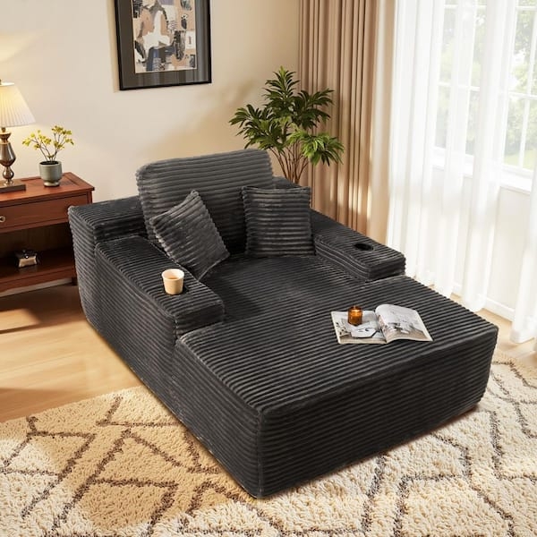 Chaise Lounge Sleeper: Charcoal Corduroy Cup Holder Arms