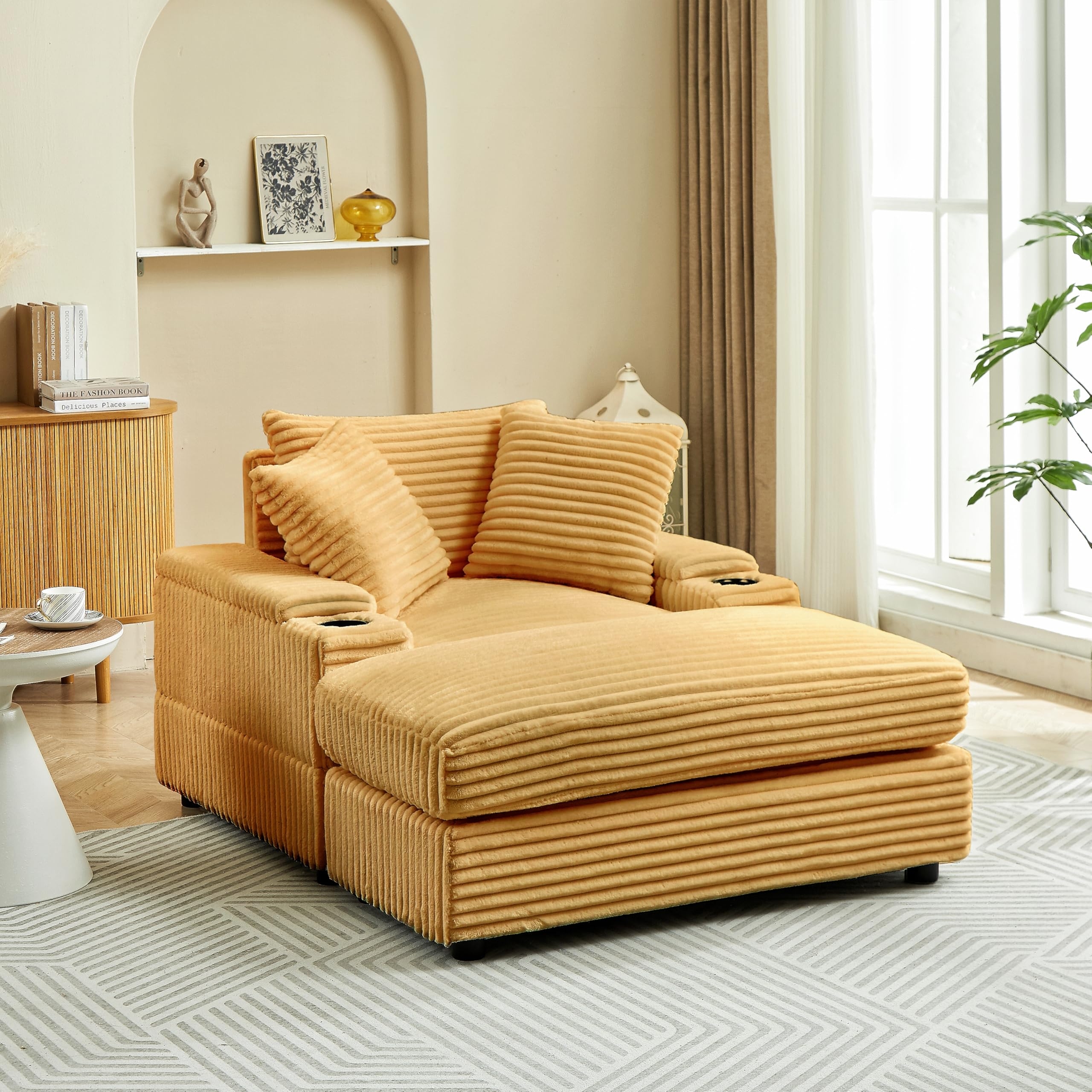 Chaise Lounge Sofa: Ginger Corduroy with Built-in Cup Holders