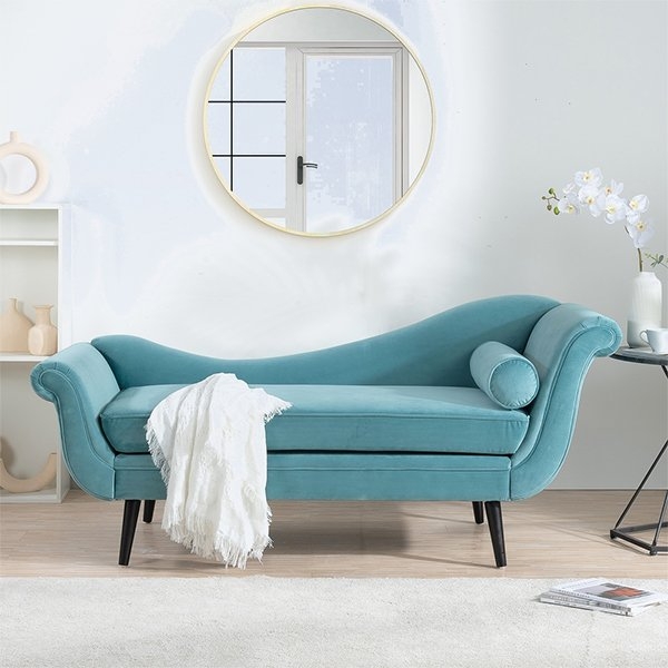 Chaise Lounge: Teal Velvet Asymmetrical Back with Bolster