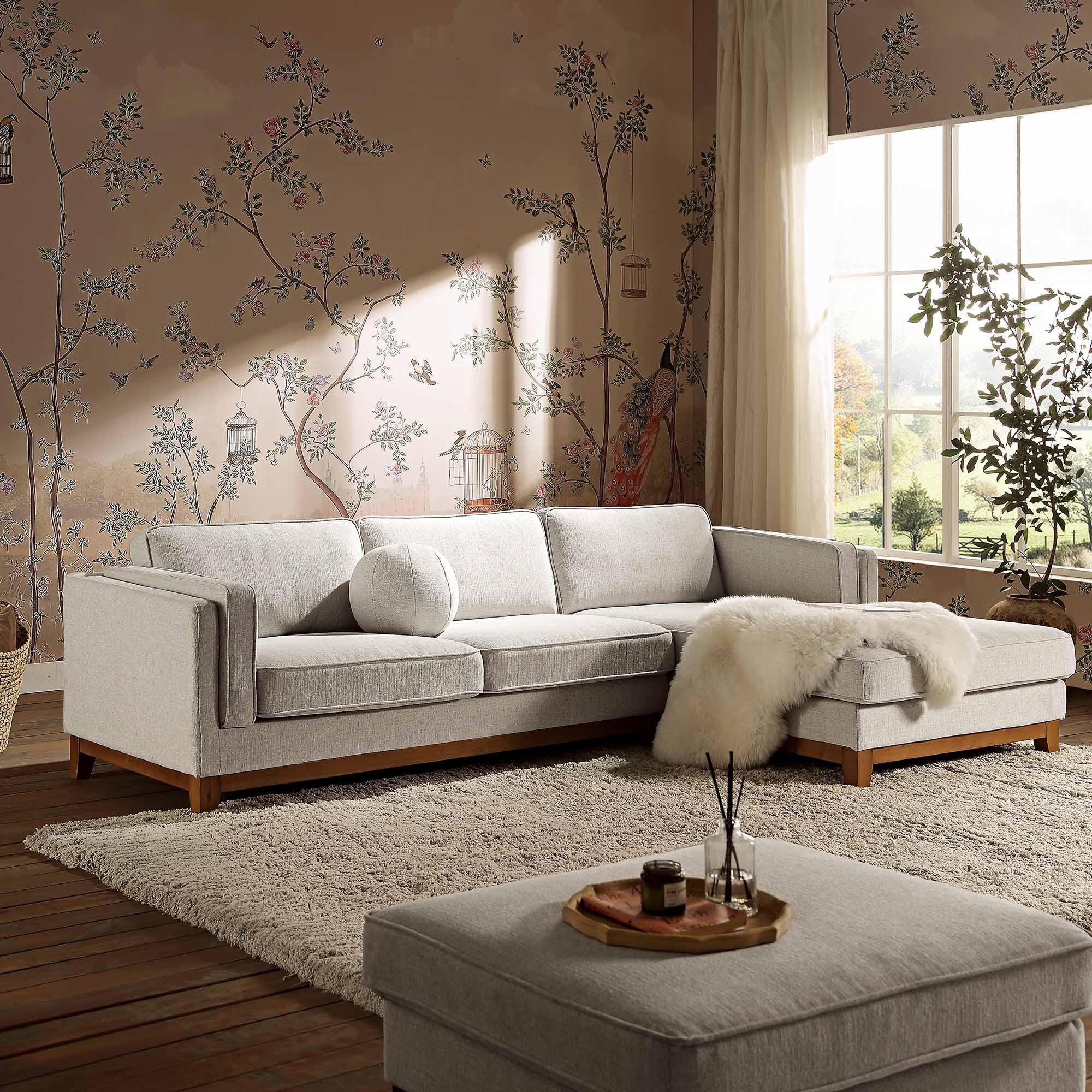 Chaise Sofa with Wood Plinth Base Oatmeal Woven Chaise