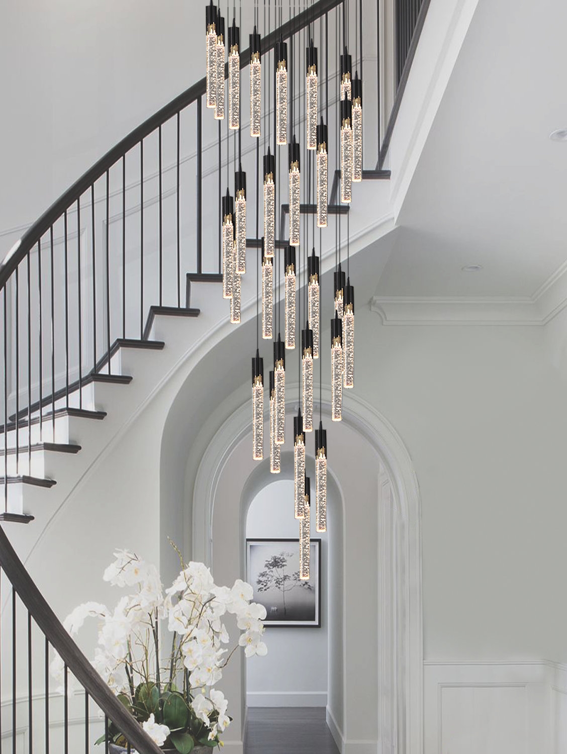 Chandelier: 12ft Vertical Drop Bubble Glass Column Light