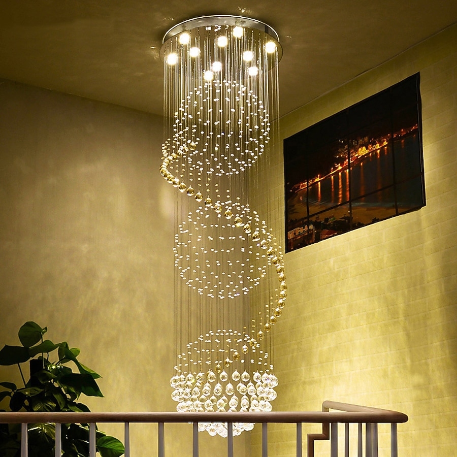 Chandelier: Chrome Spiral Triple Orb Cascading Crystal