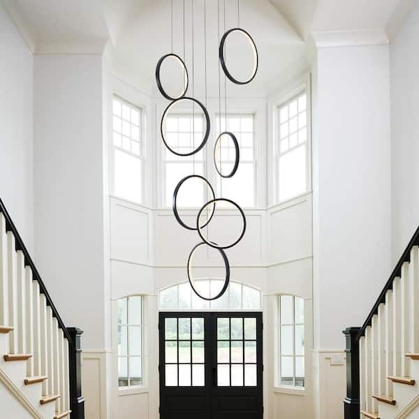 Chandelier: Matte Black Staggered Circular Rings Foyer Light