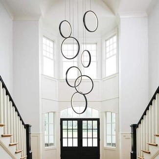 Chandelier: Matte Black Staggered Circular Rings Foyer Light