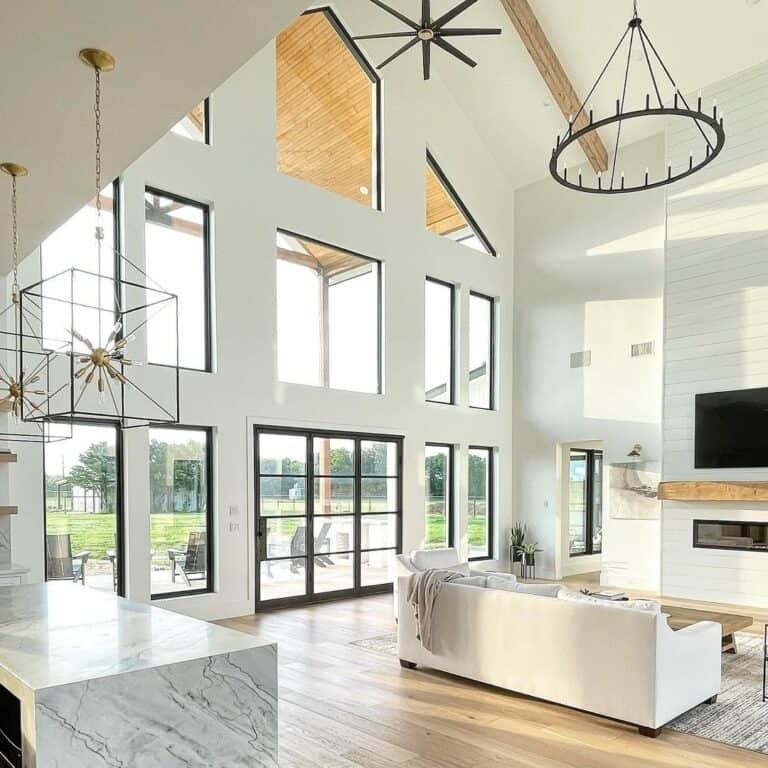 Chandelier: Wagon Wheel Frame Vaulted Ceiling Great Room