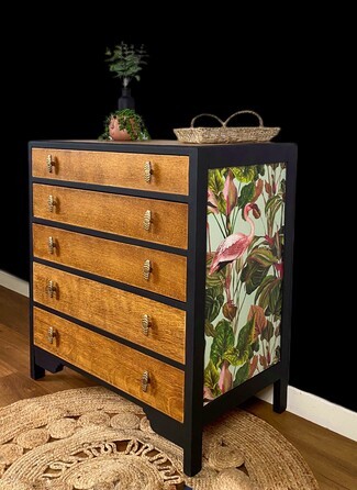 Chest Of Drawers Tropical Flamingo Panel Matte Black Restored