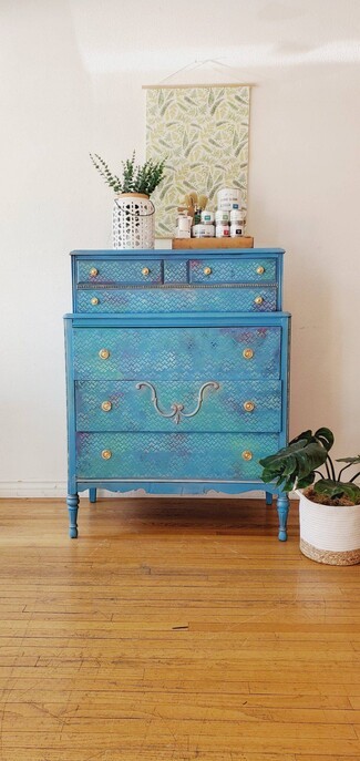 Chest On Chest Teal Gradient Stenciled Patterned Blue Dresser