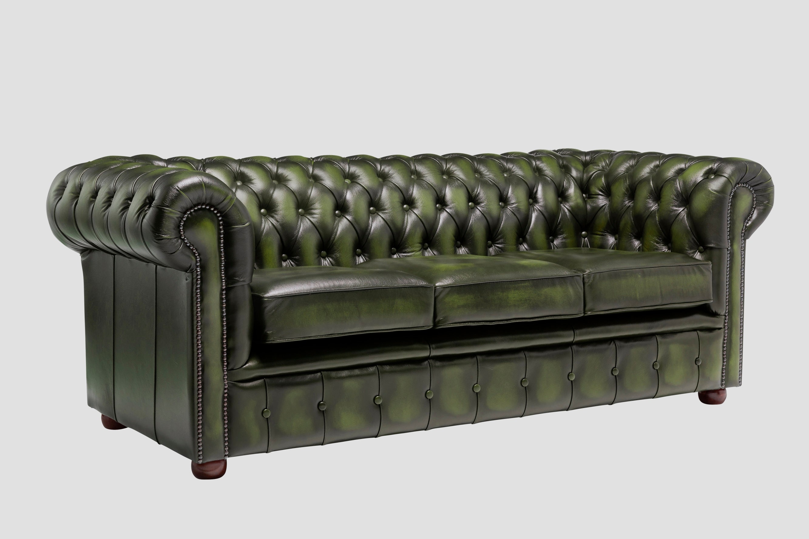 Chesterfield Sofa Antique Green Leather Hand Rubbed Triple Seat