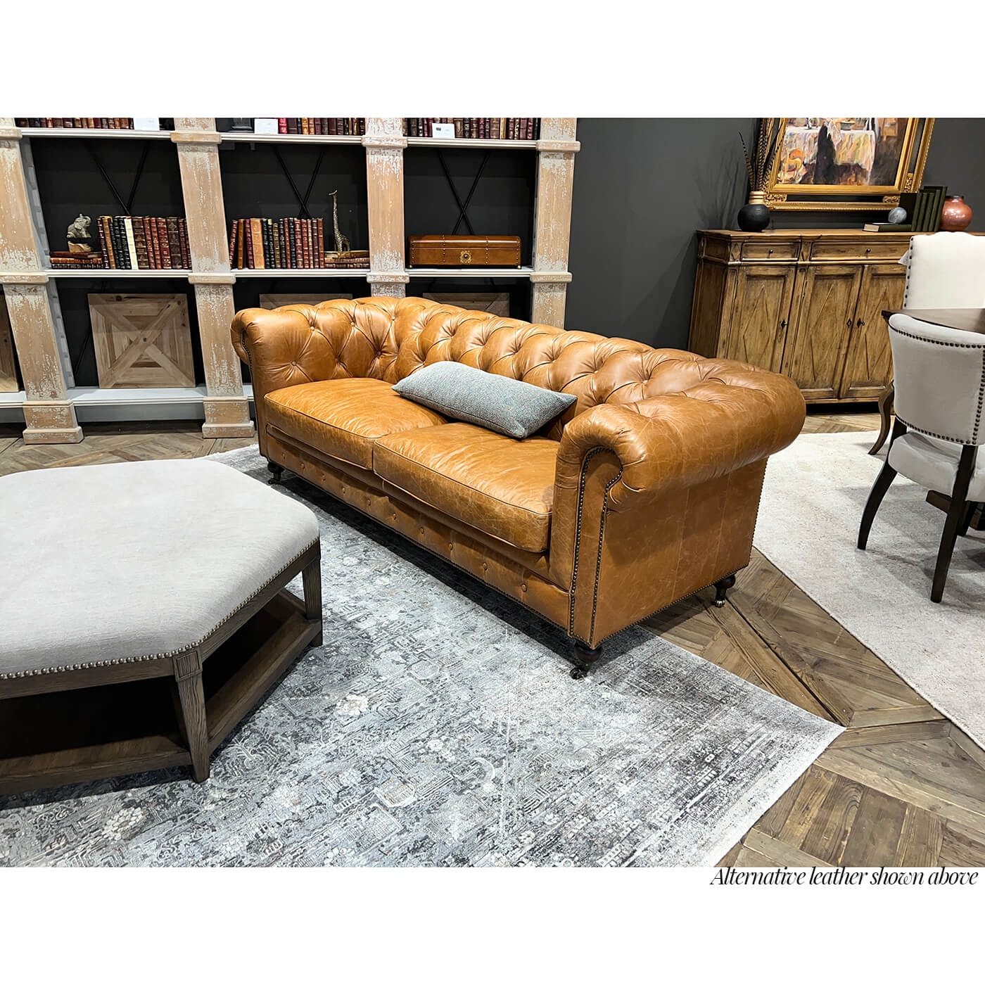 Chesterfield Sofa: Cognac Leather Seating with Nailhead Trim