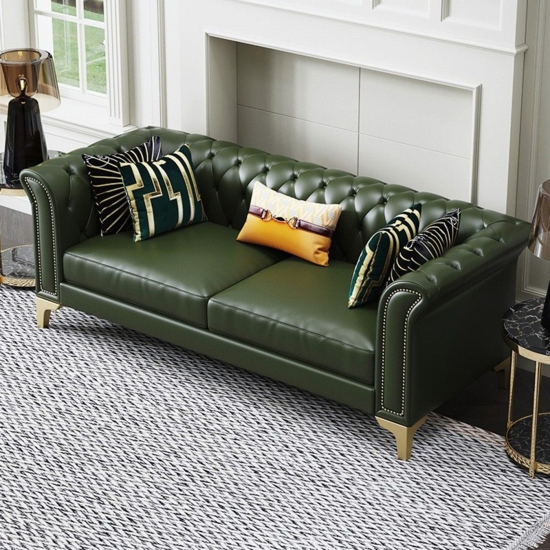 Chesterfield Sofa Deep Green Gold Tapered Feet Nailhead Arm