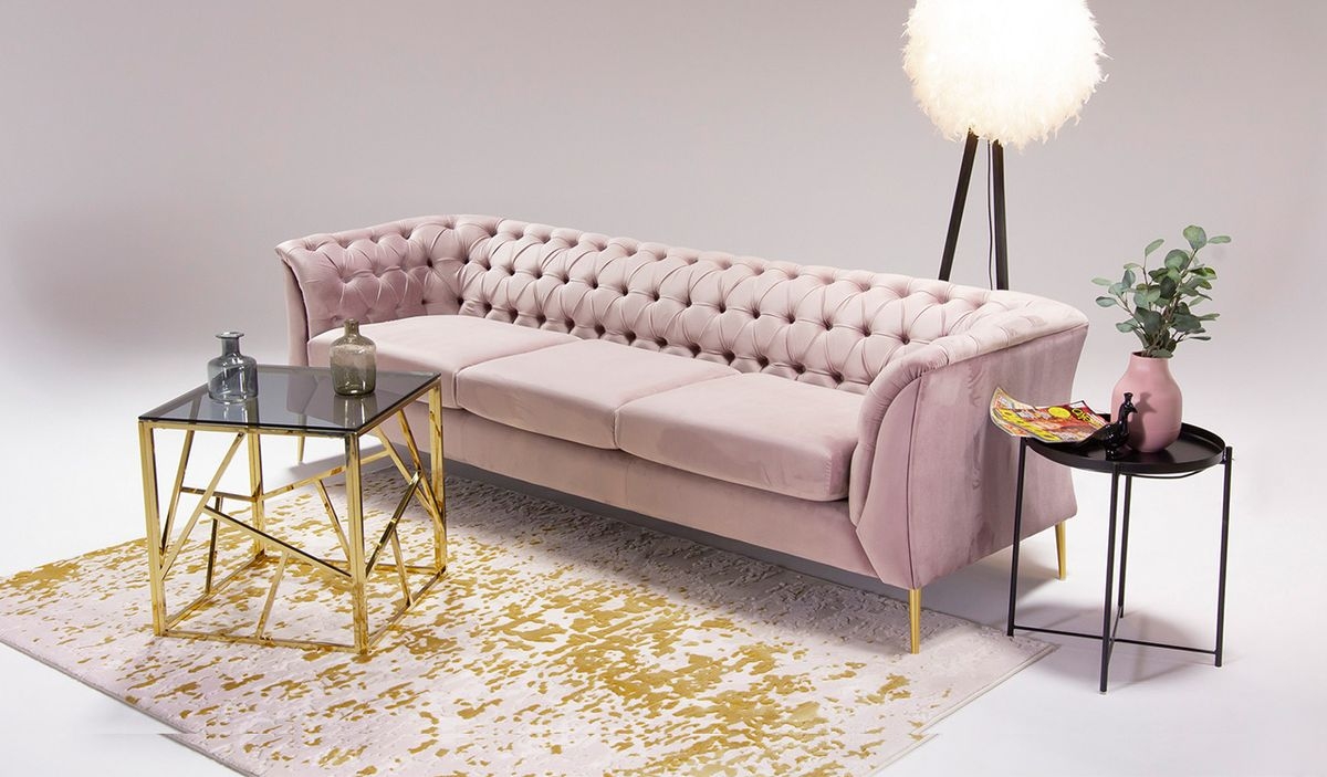 Chesterfield Sofa: Dusty Pink Velvet with Geometric Gold Frame
