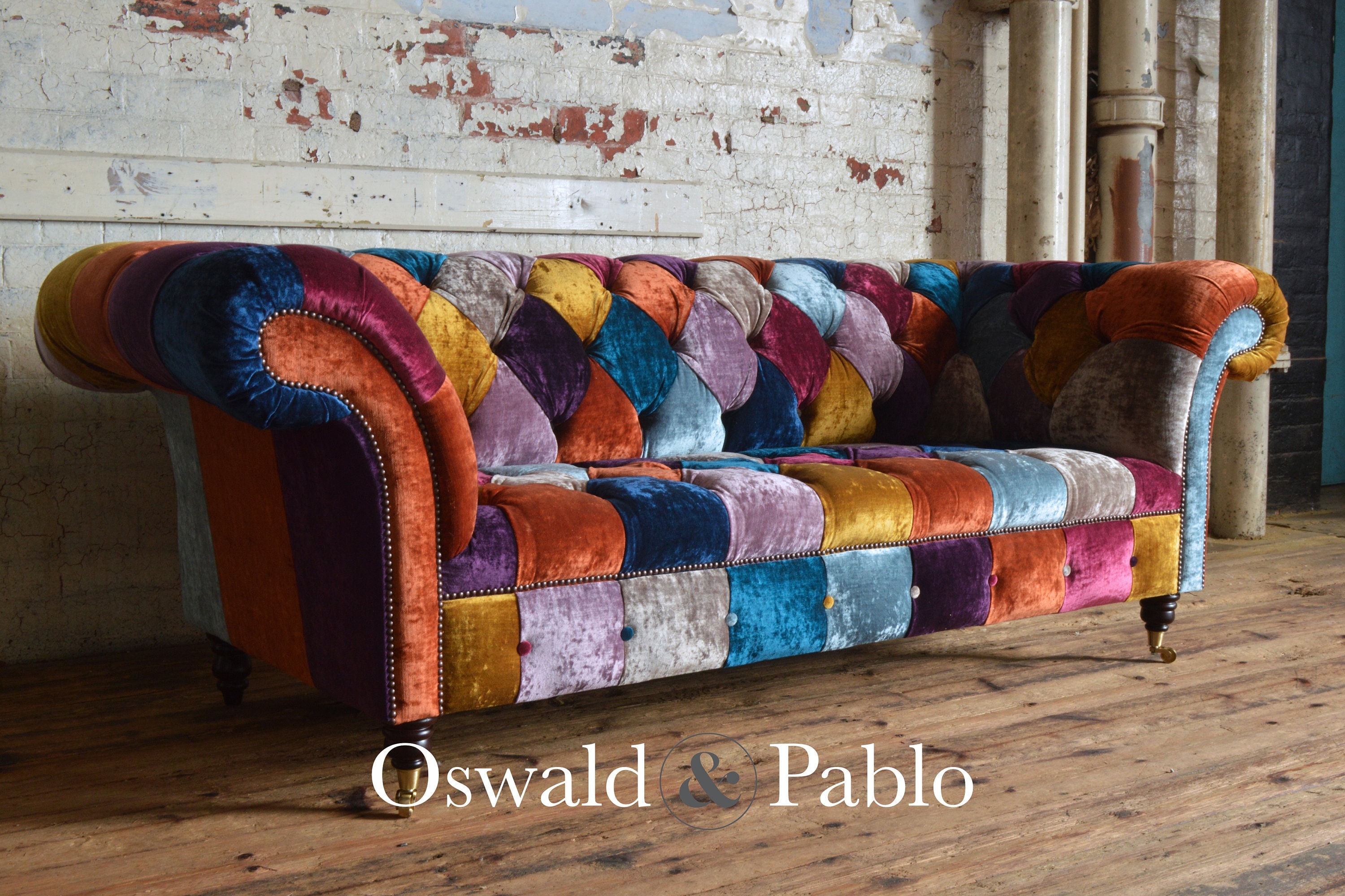 Chesterfield Sofa Handmade with Velvet Tufting and Rolled Arms