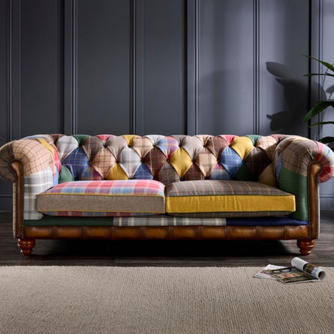 Chesterfield Sofa in Mixed Tartan Pattern and Gray Molding