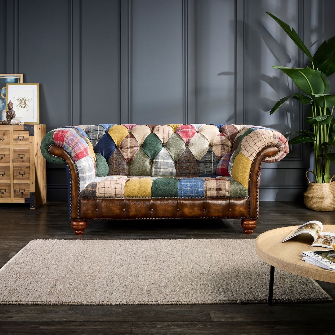 Chesterfield Sofa in Plaid Patchwork with Leather Like Base