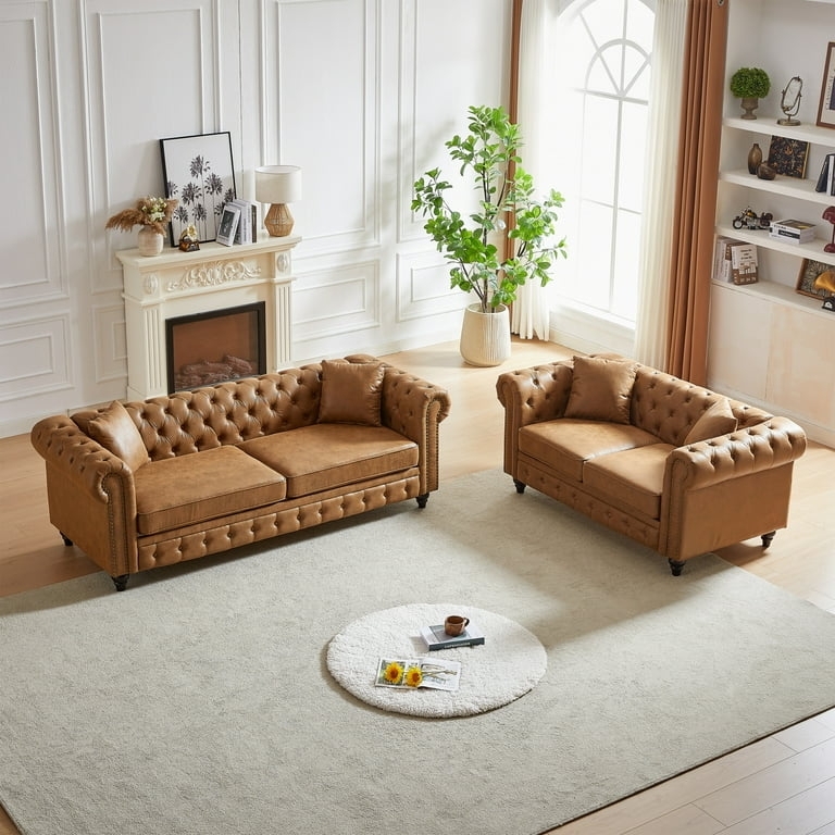 Chesterfield Sofa Set: Brass Nailhead Trim in Cognac Brown