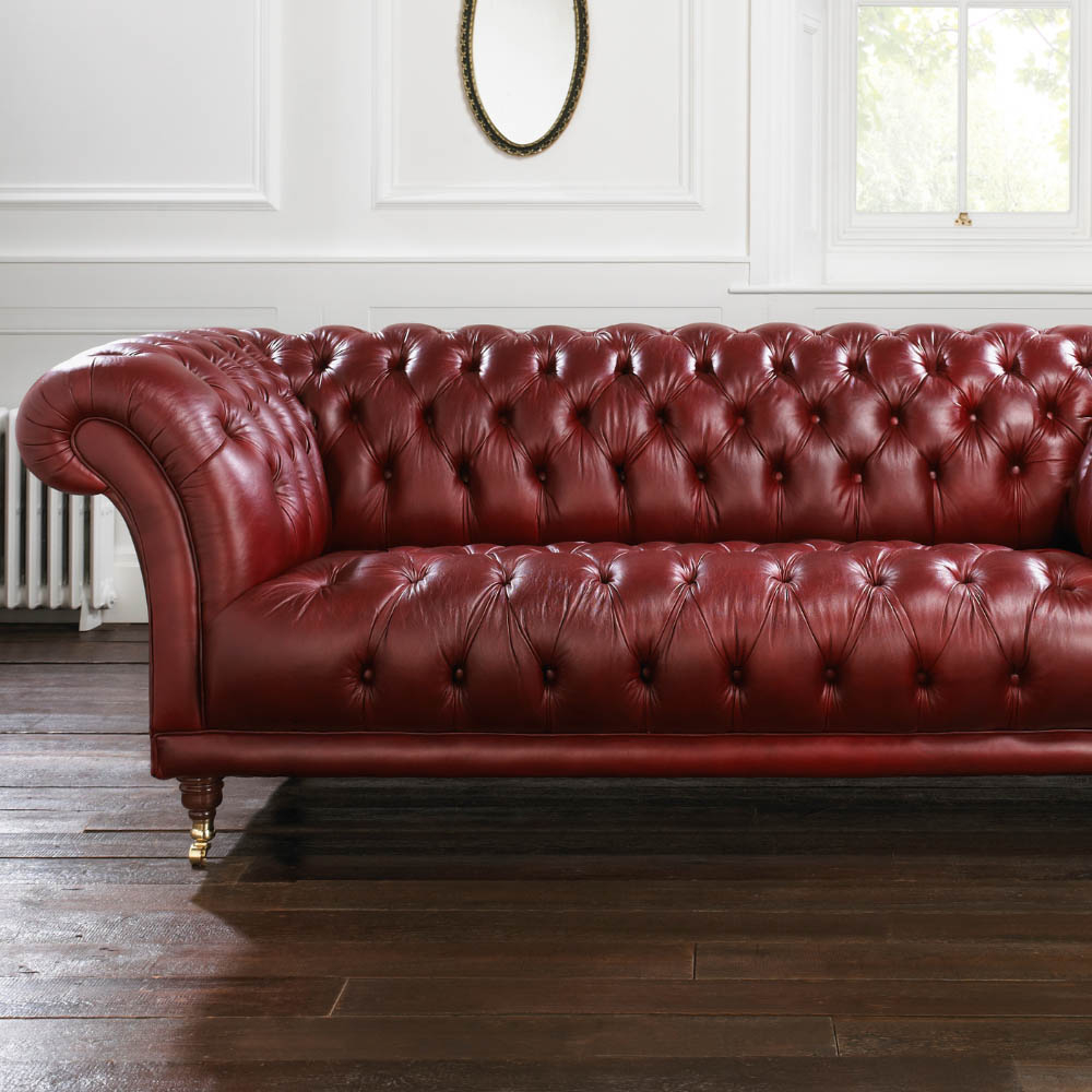Chesterfield Sofa with Brass Casters and Oxblood Red Tufting