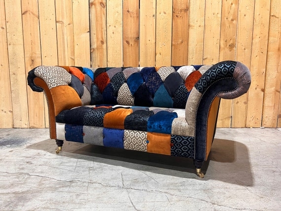 Chesterfield Sofa with Brass Castors and Orange Navy Velvet