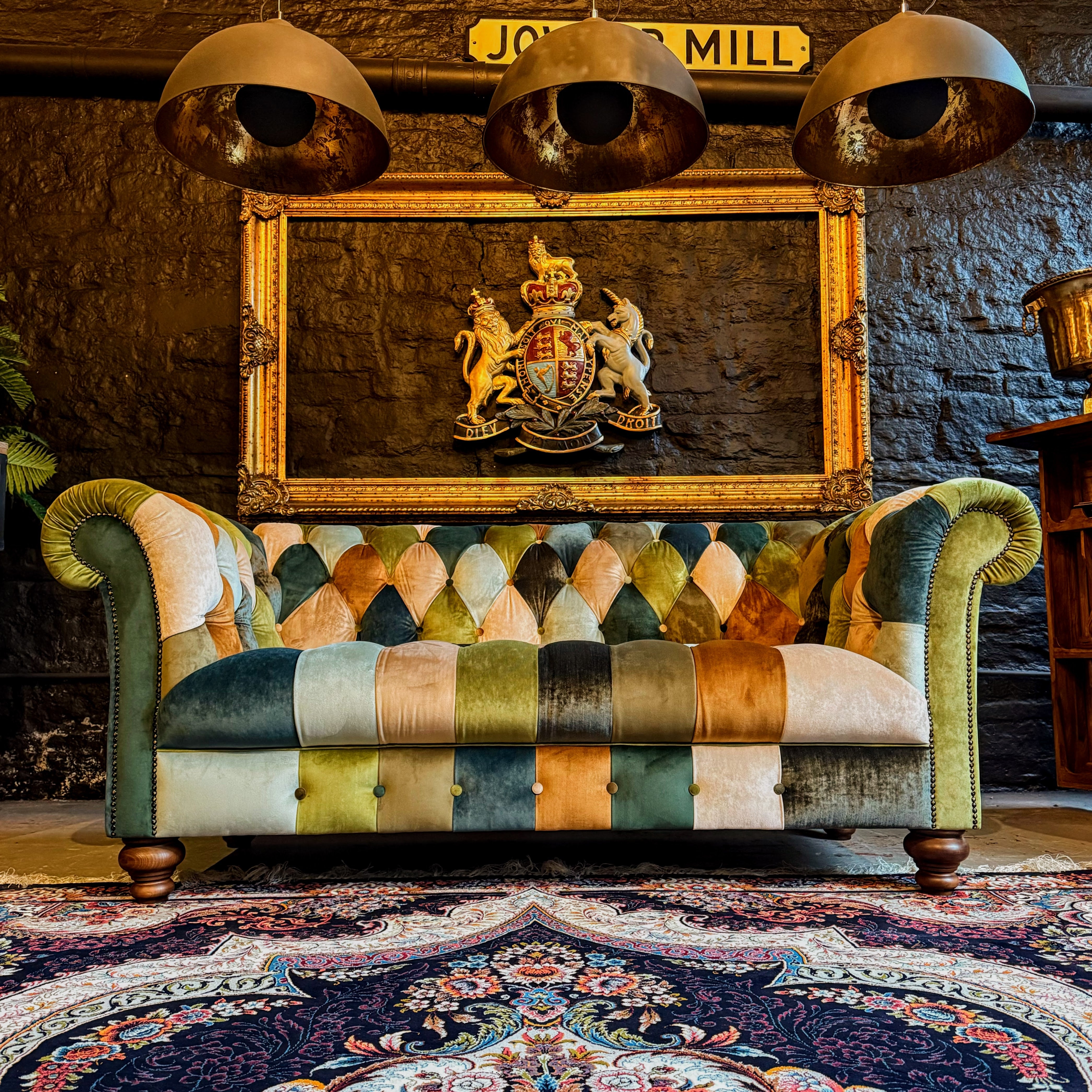 Chesterfield Sofa with Harlequin Pattern and Forest Green