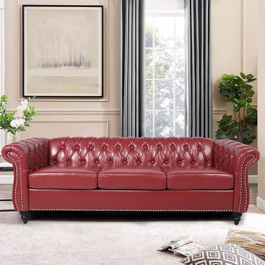 Chesterfield Sofa with Silver Nailhead Accents for Burgundy Seating