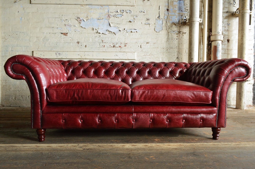 Chesterfield Sofa with Studded Nailhead Trim for Oxblood Couch
