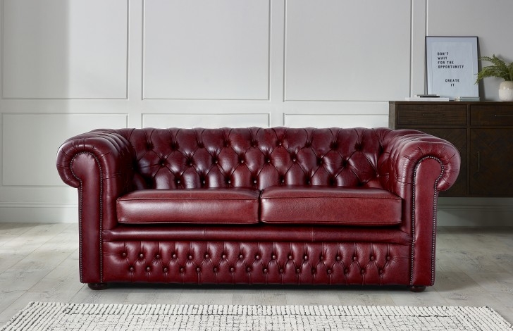 Chesterfield Sofa with Two Cushion Seat and Burgundy Leather