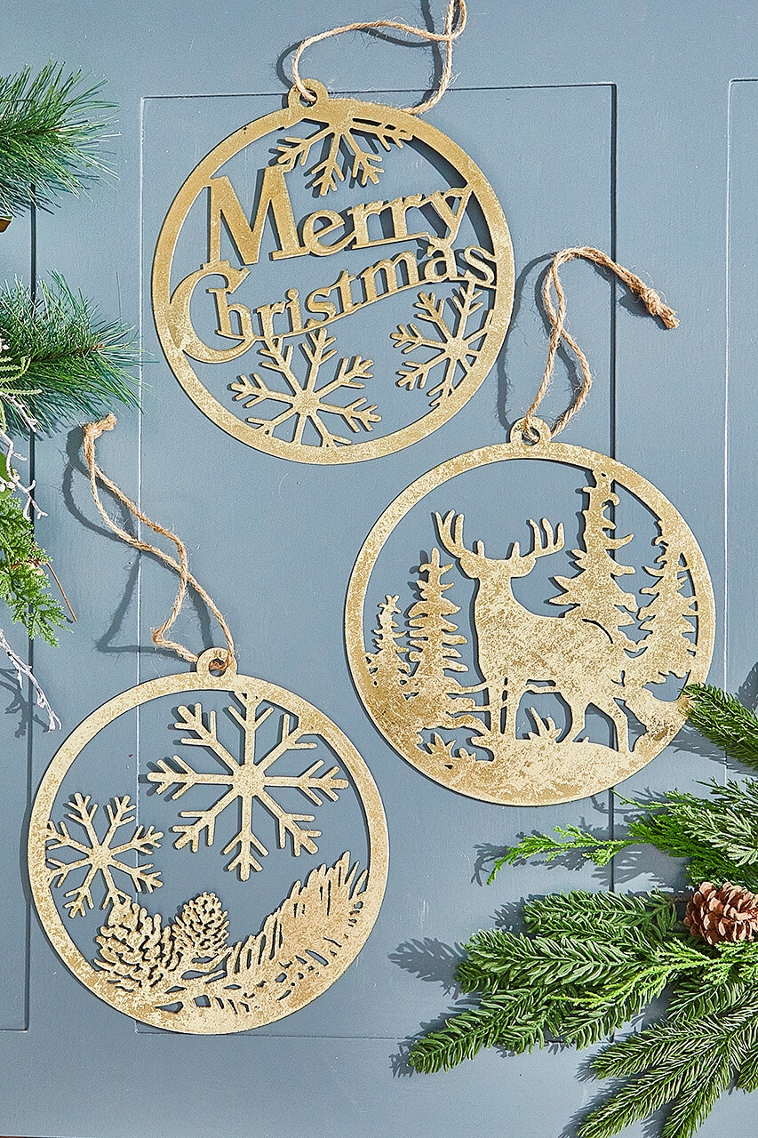 Christmas Ornament Distressed Gold Finish Laser Cut Silhouette
