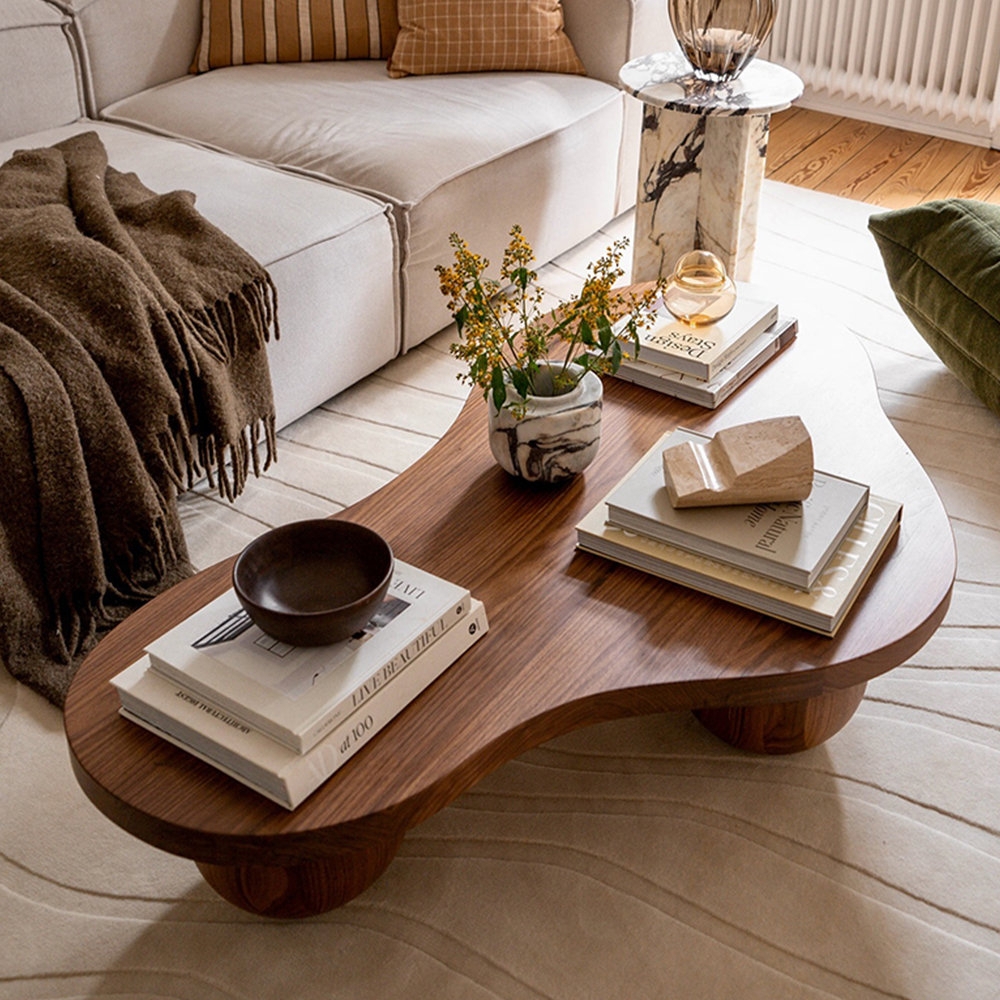 Coffee Table: Biomorphic Walnut Brown Chunky Leg Design
