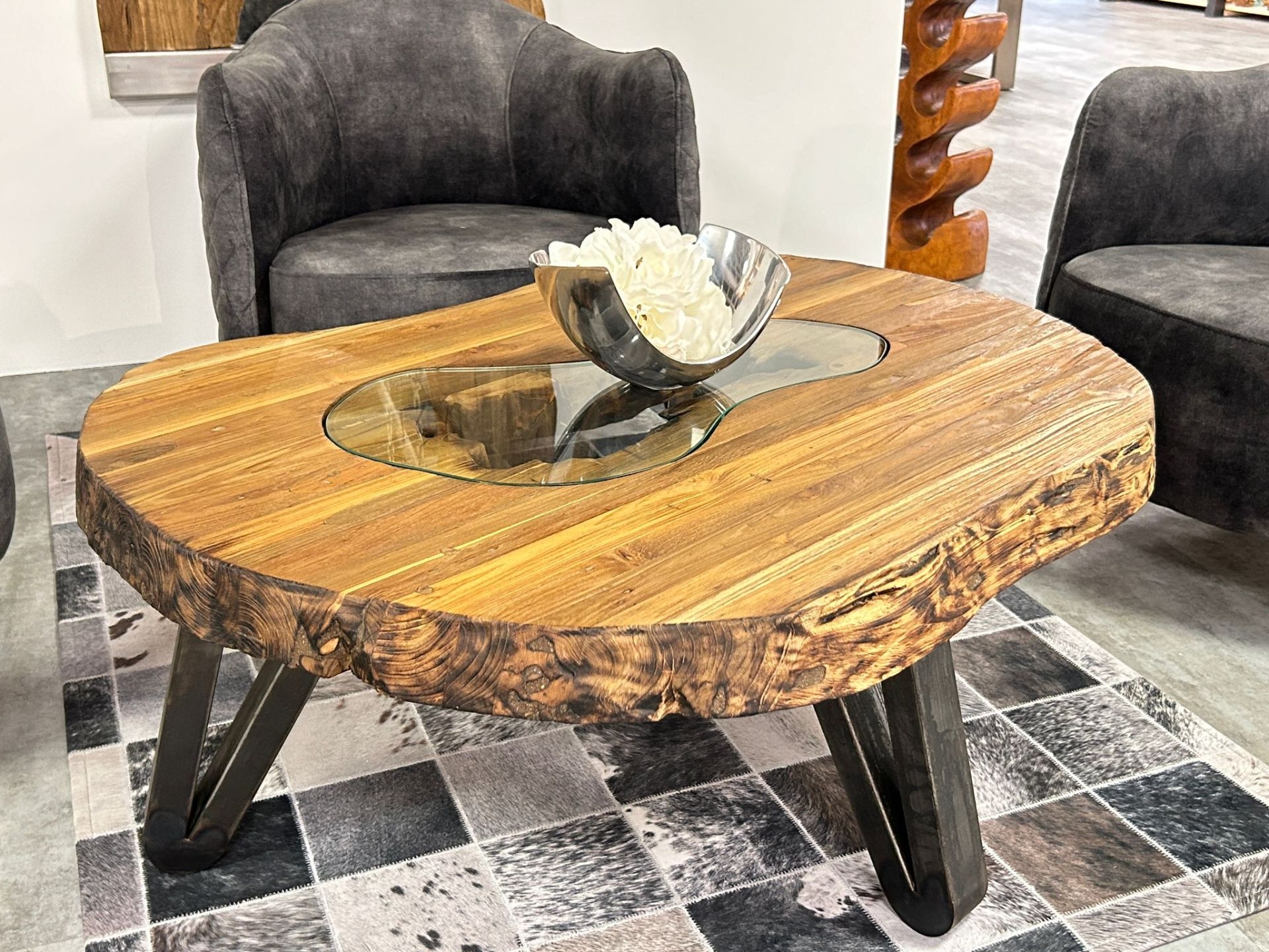 Coffee Table: Glass Inlay Live Edge Wood Kidney Shape