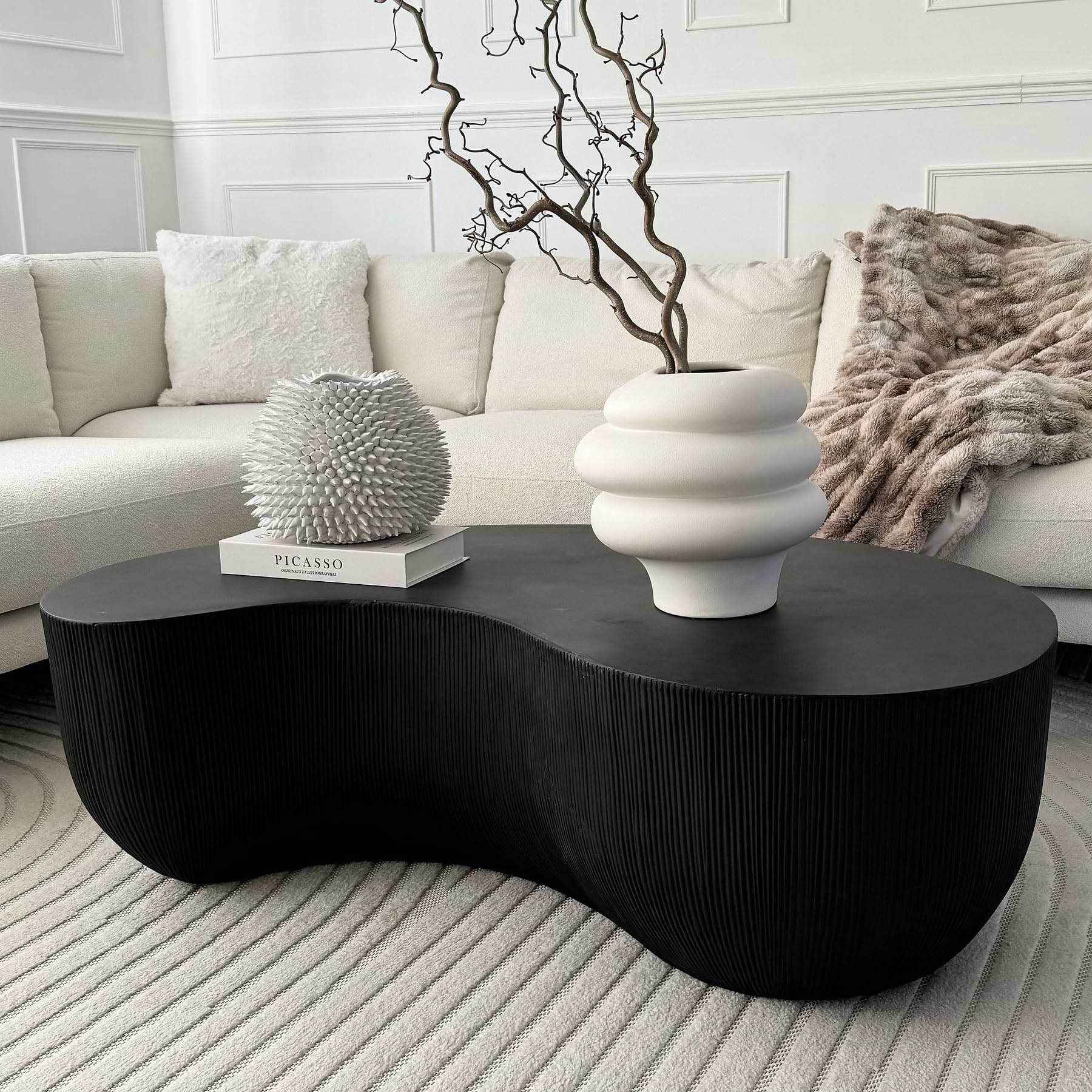 Coffee Table: Kidney Shaped Vertical Ribbing Matte Black