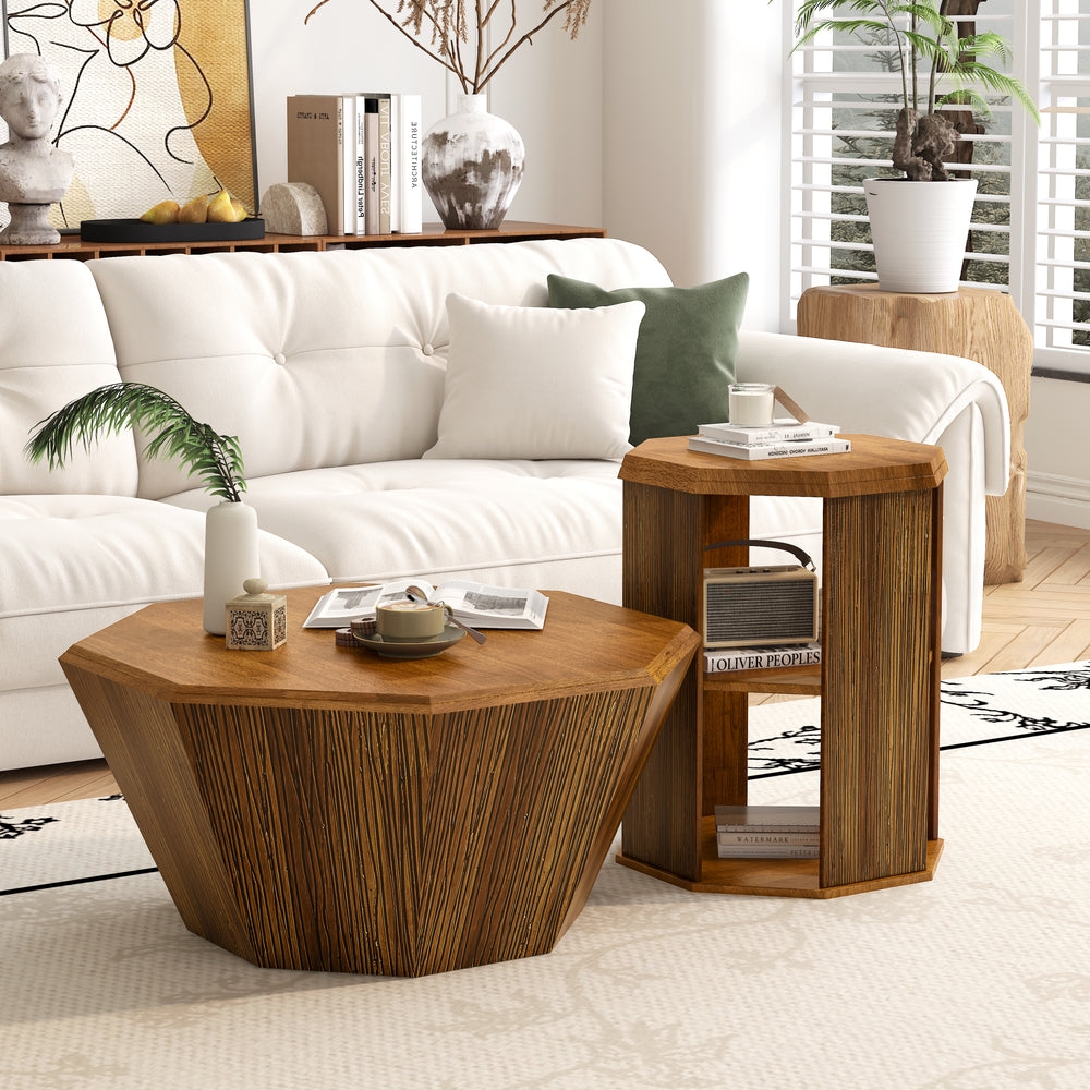 Coffee Table Set with Fluted Base and Open Storage