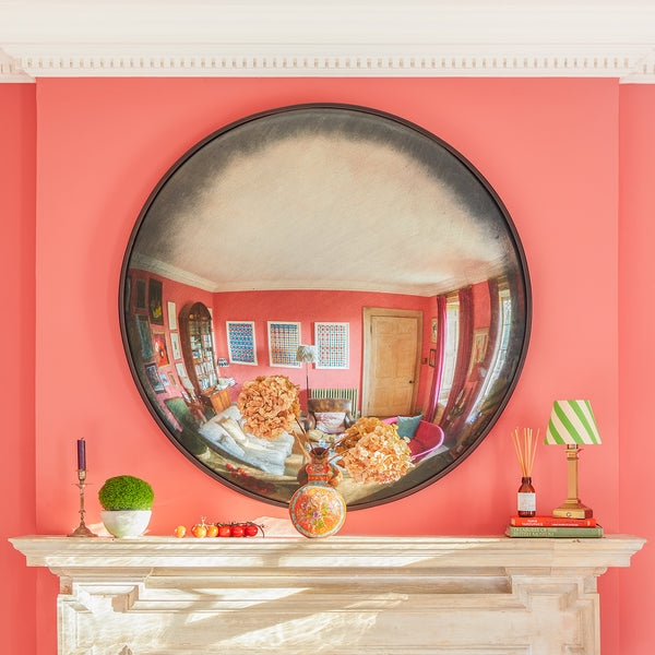 Convex Mirror Antiqued Patina Large Scale Mantel Piece