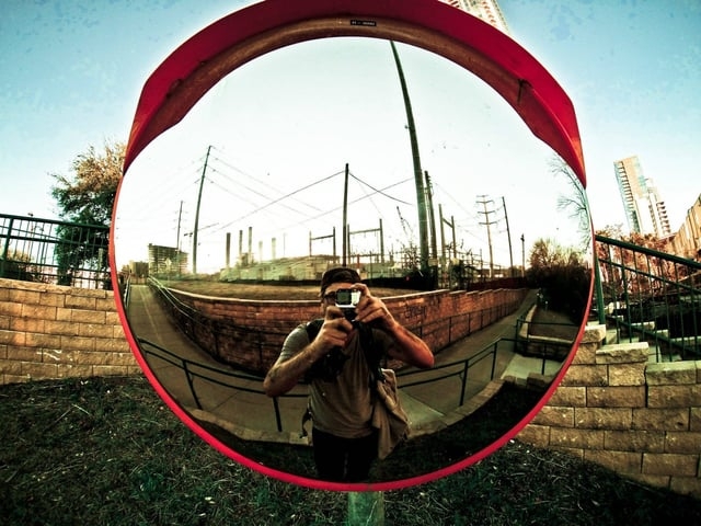 Convex Mirror Red Circular Frame Masonry Backdrop Art