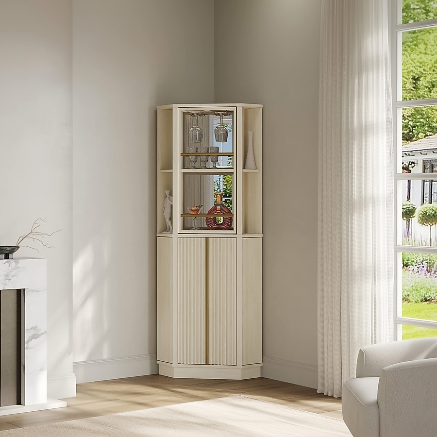 Corner Bar Cabinet with Vertical Fluting and White Sand