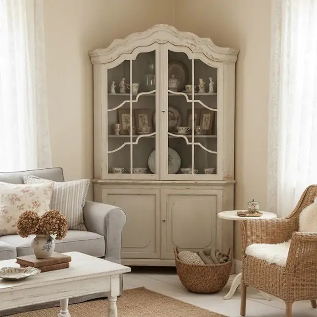 Corner Cabinet Arched Crown Distressed Glass Door Corner Cabinet