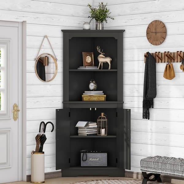 Corner Cabinet Black Arched Top Opening Entryway Storage