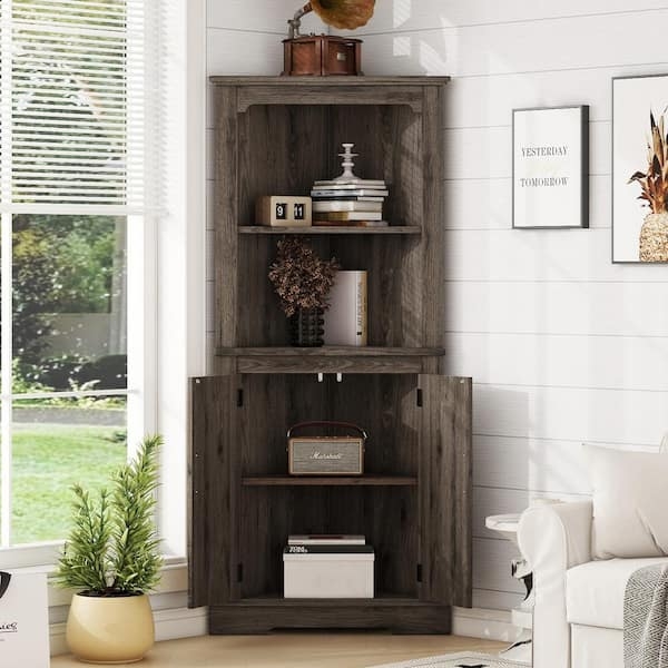 Corner Cabinet: Dark Walnut Corner Unit with Scalloped Top
