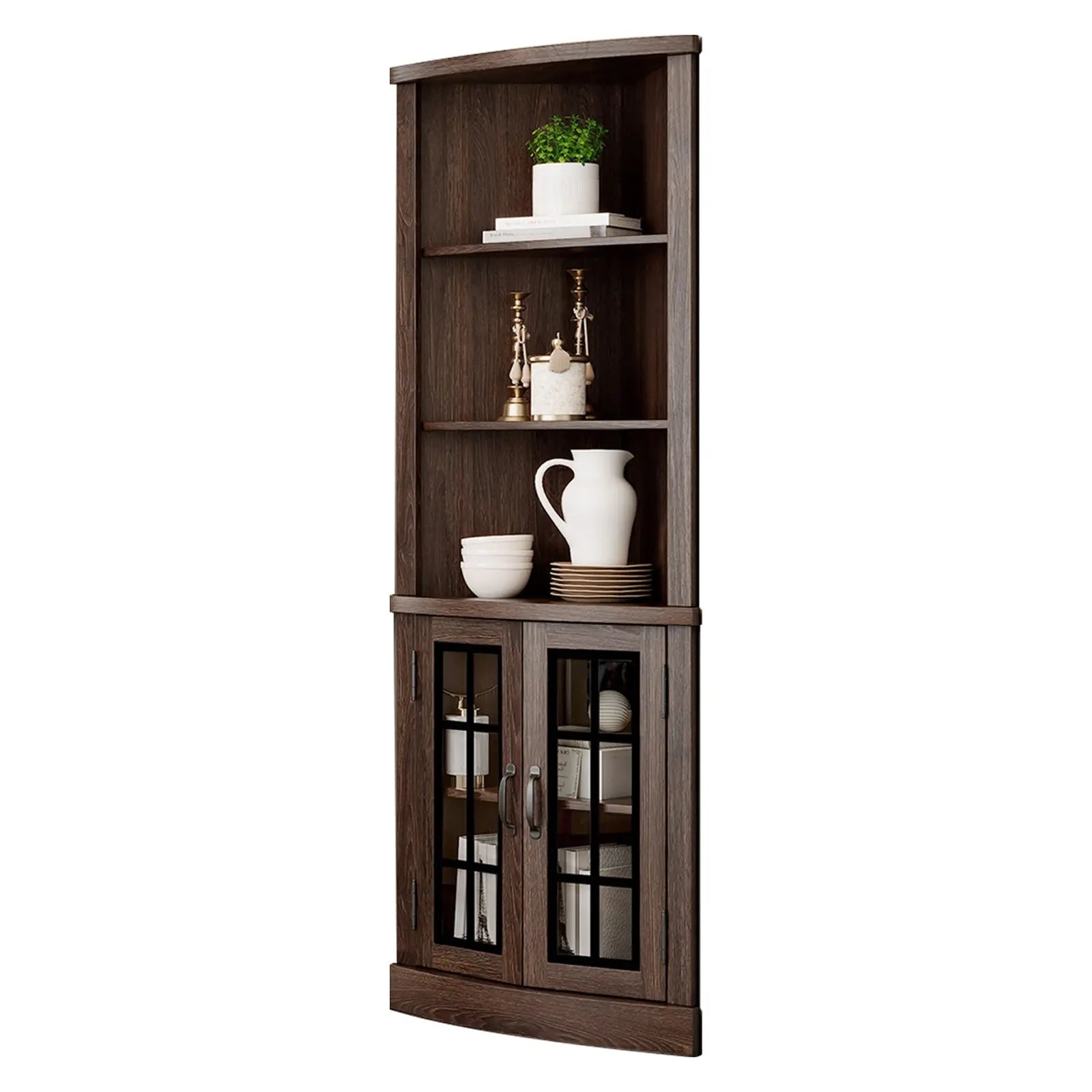 Corner Cabinet Espresso Curved Front Glass Curved Corner Bookcase