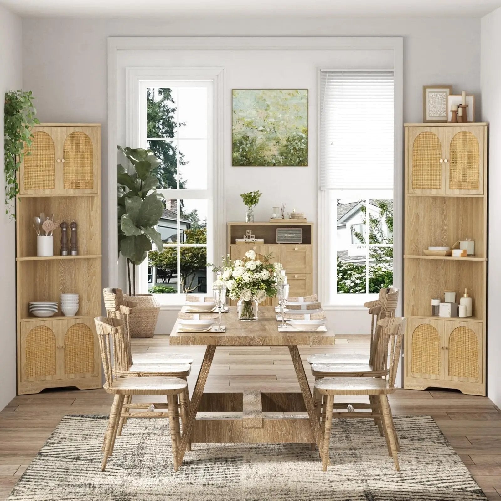 Corner Cabinet featuring Arched Rattan Doors and Light Oak