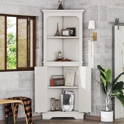 Corner Cabinet featuring Scalloped Trim and Mixed Storage
