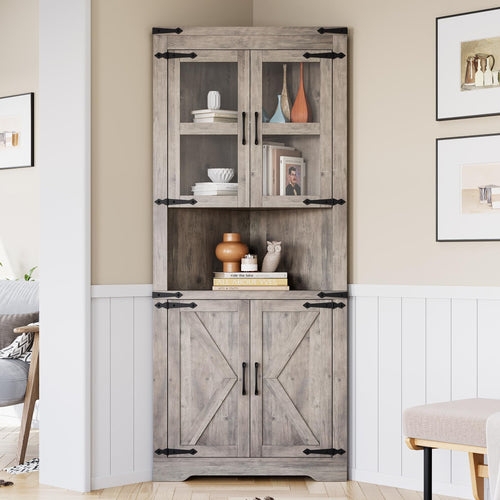 Corner Cabinet in Weathered Gray with Barn Door Details