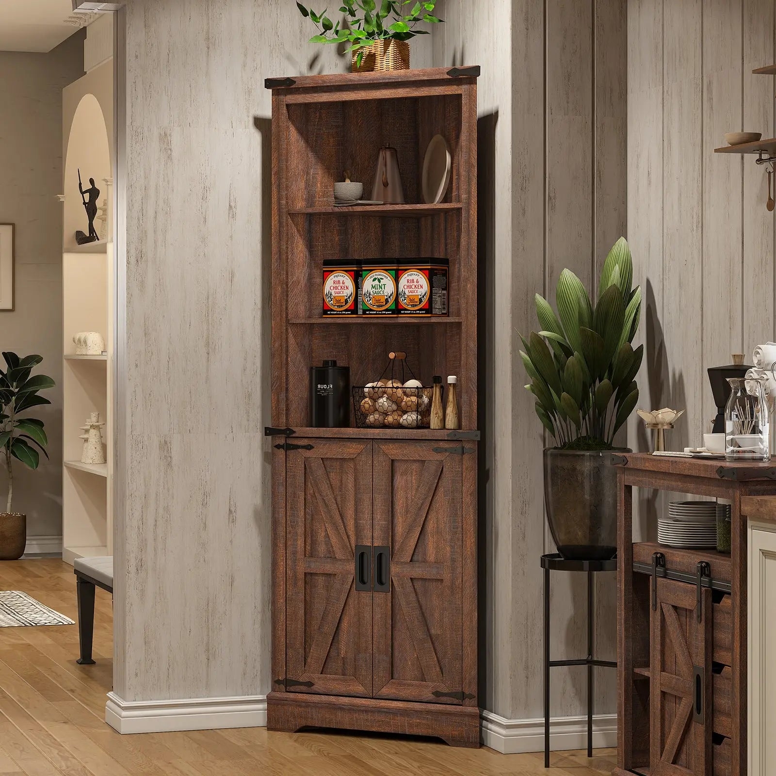 Corner Cabinet with X-Frame Doors and Walnut Brown