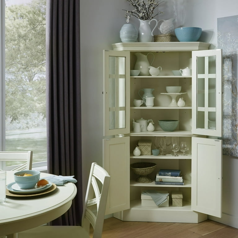 Corner China Cabinet with Glass Mullion Doors in Off-White