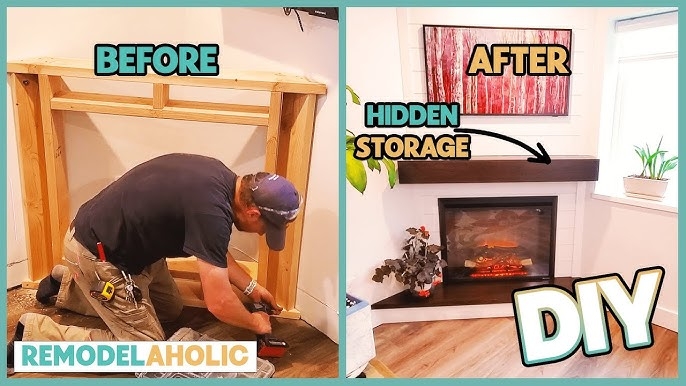 Corner Fireplace Featuring Hidden Storage Mantel And Shiplap