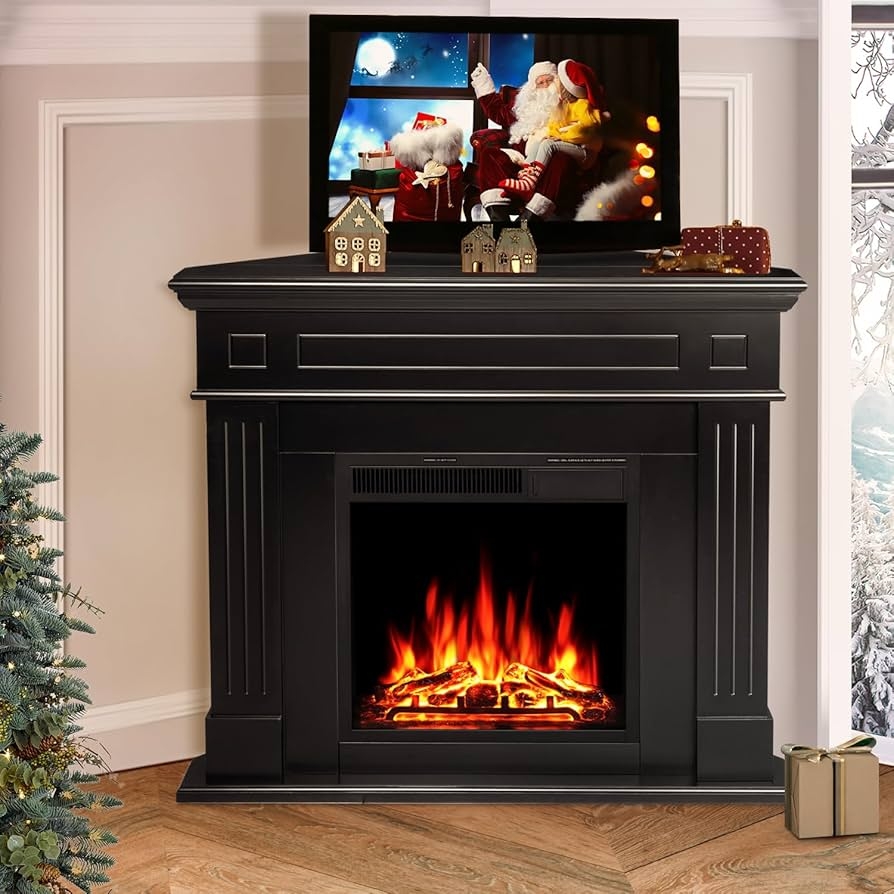 Corner Fireplace Featuring Matte Black Finish And Fluted Pilasters