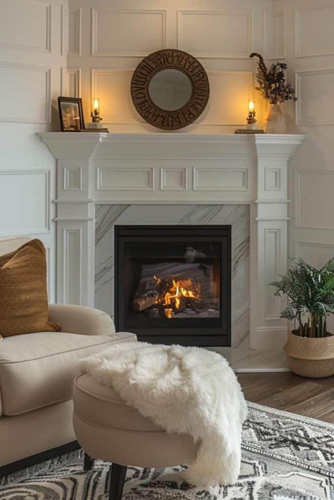 Corner Fireplace Featuring Veined Surround And Paneled Mantel